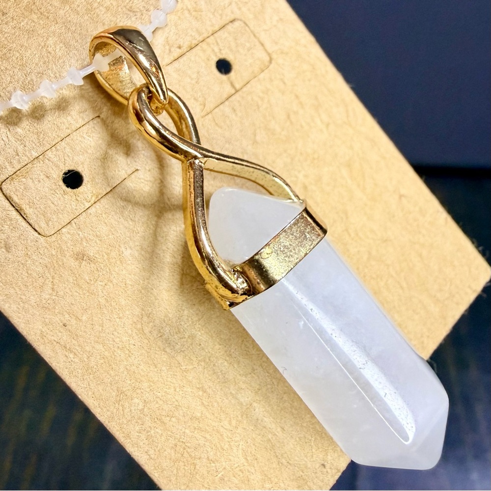 Milky Quartz  Natural Stone Double Point Pendant Gold Tone
